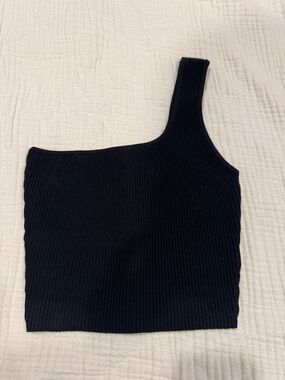 Quince Cropped One Shoulder Ribbed Knit Tank - Black - XS